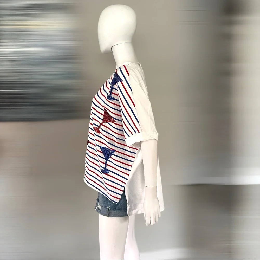 FANTASTIC FAWN patriotic striped sequin oversized tee S M L - Picture 7 of 8